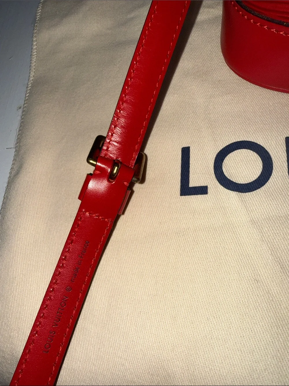 Authentic Louis Vuitton Red Epi Alma PM Satchel with Gold Hardware